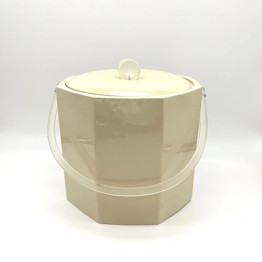 Vintage Georges Briard Ice Bucket Beige Octagon‎ Acrylic Handle Lid Mid Century